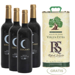 cuatro botellas de vino lizcano y una lata de aceite de oliva virgen extra