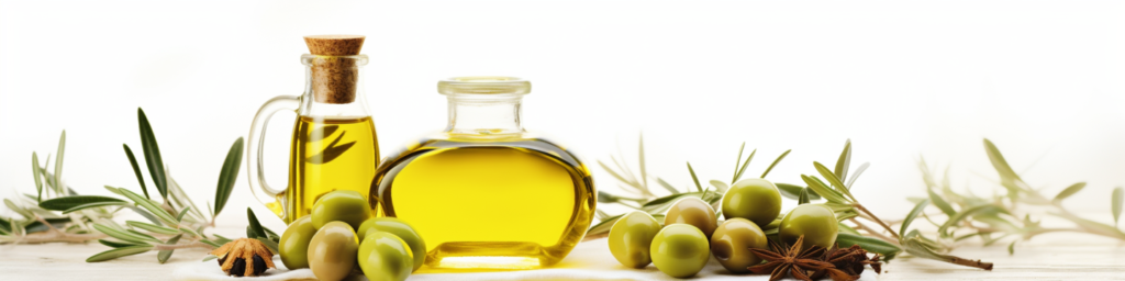 banner horizontal de botellas de cristal de aceite, decorado con aceitunas y ramas de olivo