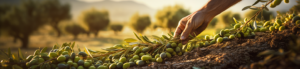 Banner aceitunas con ramas de olivo en el suelo, con una mano próxima a ellos